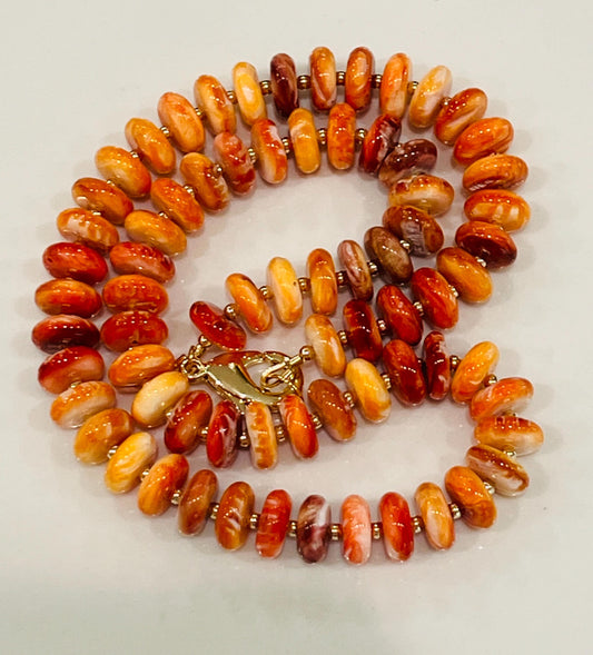 Spiny Oyster Beaded Necklace 18k Gold Filled Clasp Rondelle 10x3mm Natural Spiny Oyster Beads Gorgeous Orange Deep Orange Statement Necklace