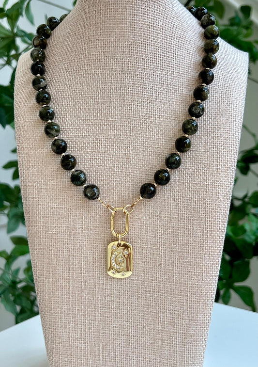 Green Lepidolite Mica Beaded Necklace 18k Gold Filled Spring Clasp Removable Gold Filled Moon and Stars Drop Beads 10mm Smooth Round Beads