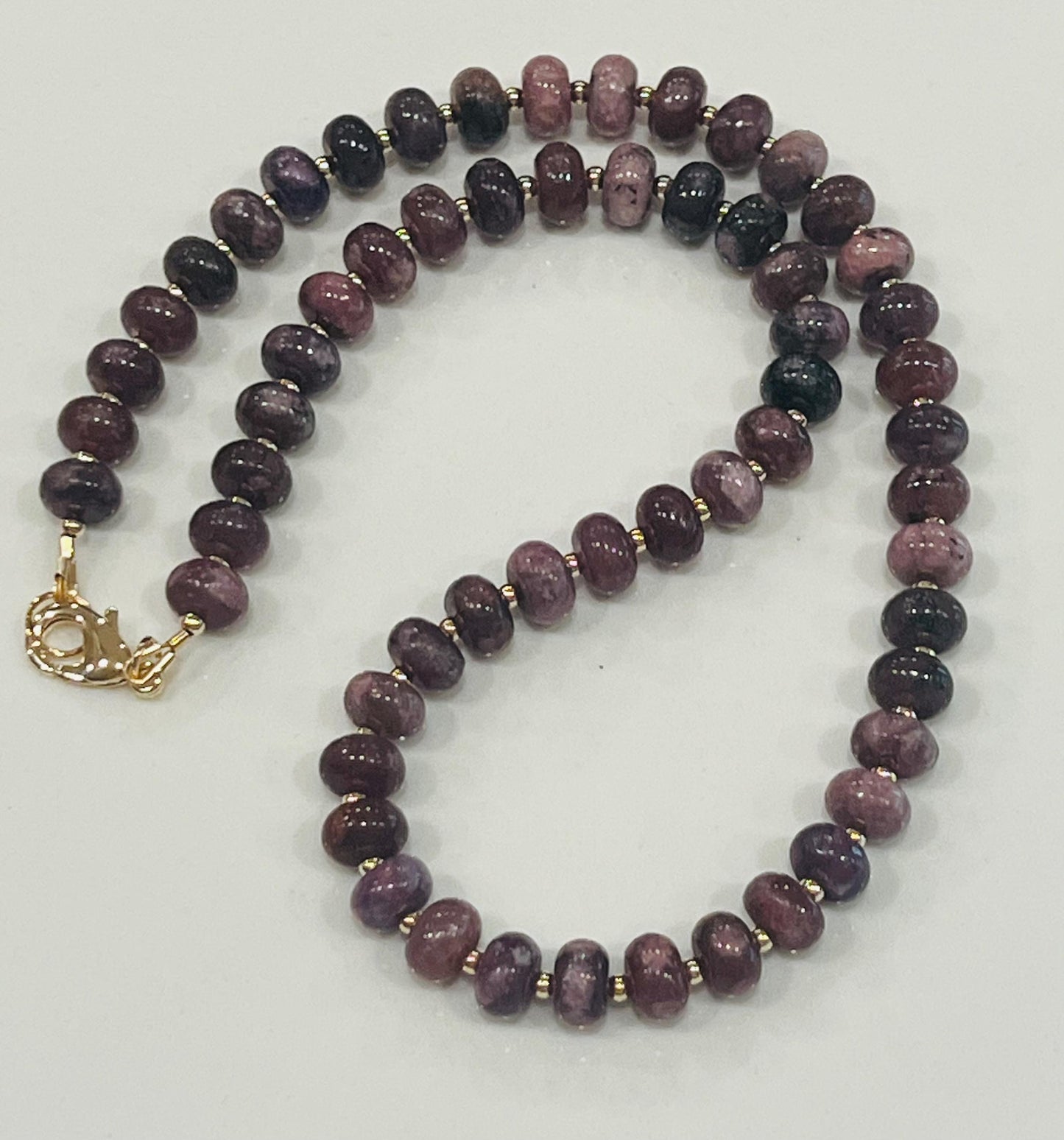 Lepidolite Beaded Necklace 18k Gold Filled Clasp/Accent Beads 5x8mm Smooth Rondelle Beads Gorgeous Purple Natural Gemstone Necklace