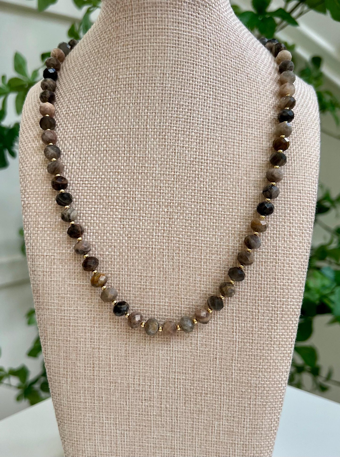 Moonstone Beaded Necklace 18k Gold Filled Clasp/Accent Beads Layering Necklace 6x8mm Faceted Rondelle Black Moonstone Beads