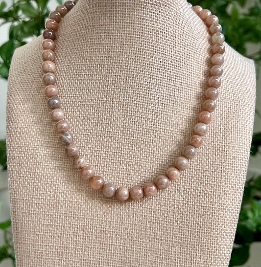 Peach Moonstone Beaded Necklace Electroplated 8mm Smooth Round Peach Moonstone 18k Gold Filled Clasp/Beads Sparkling Statement Necklace