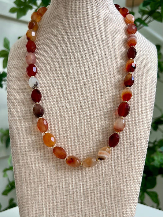 Carnelian Beaded Necklace 18k Gold Filled Clasp/Beads 10x13mm Barrel Carnelian Beads Semi-Precious Gemstone Necklace Orange Beaded