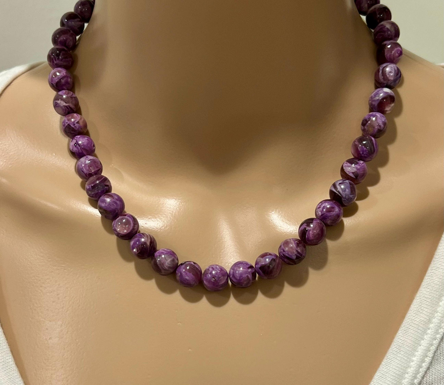 Purple Mica Beaded Necklace 18k Gold Filled Clasp/Accent Beads 10mm Smooth Round Beads Gorgeous Purple Sheen Natural Gemstone Necklace