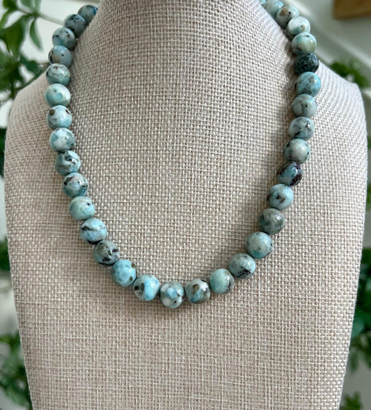 Larimar Beaded Necklace: 10mm Round Gemstone, 18k Gold Filled Clasp