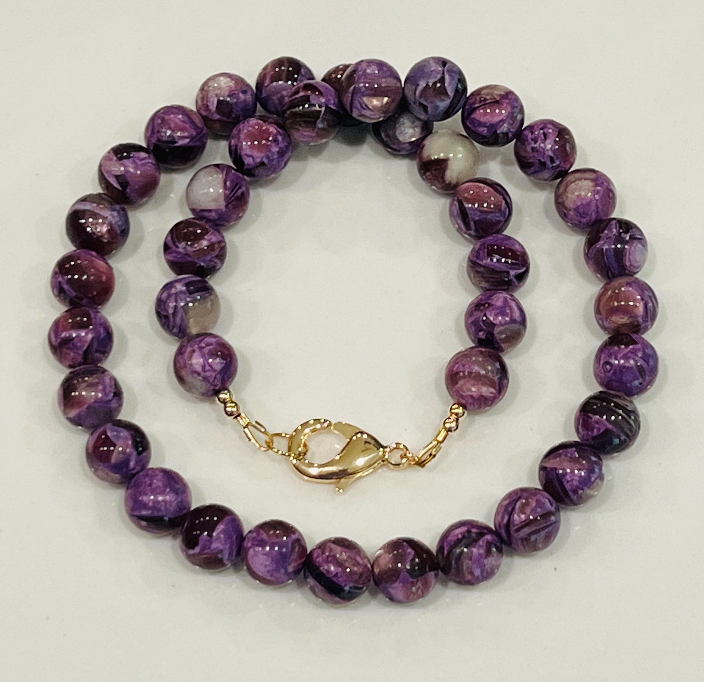 Purple Mica Beaded Necklace 18k Gold Filled Clasp/Accent Beads 10mm Smooth Round Beads Gorgeous Purple Sheen Natural Gemstone Necklace