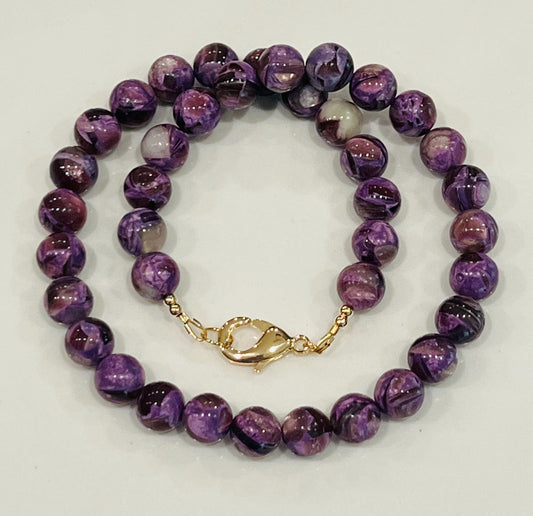 Purple Mica Beaded Necklace 18k Gold Filled Clasp/Accent Beads 10mm Smooth Round Beads Gorgeous Purple Sheen Natural Gemstone Necklace
