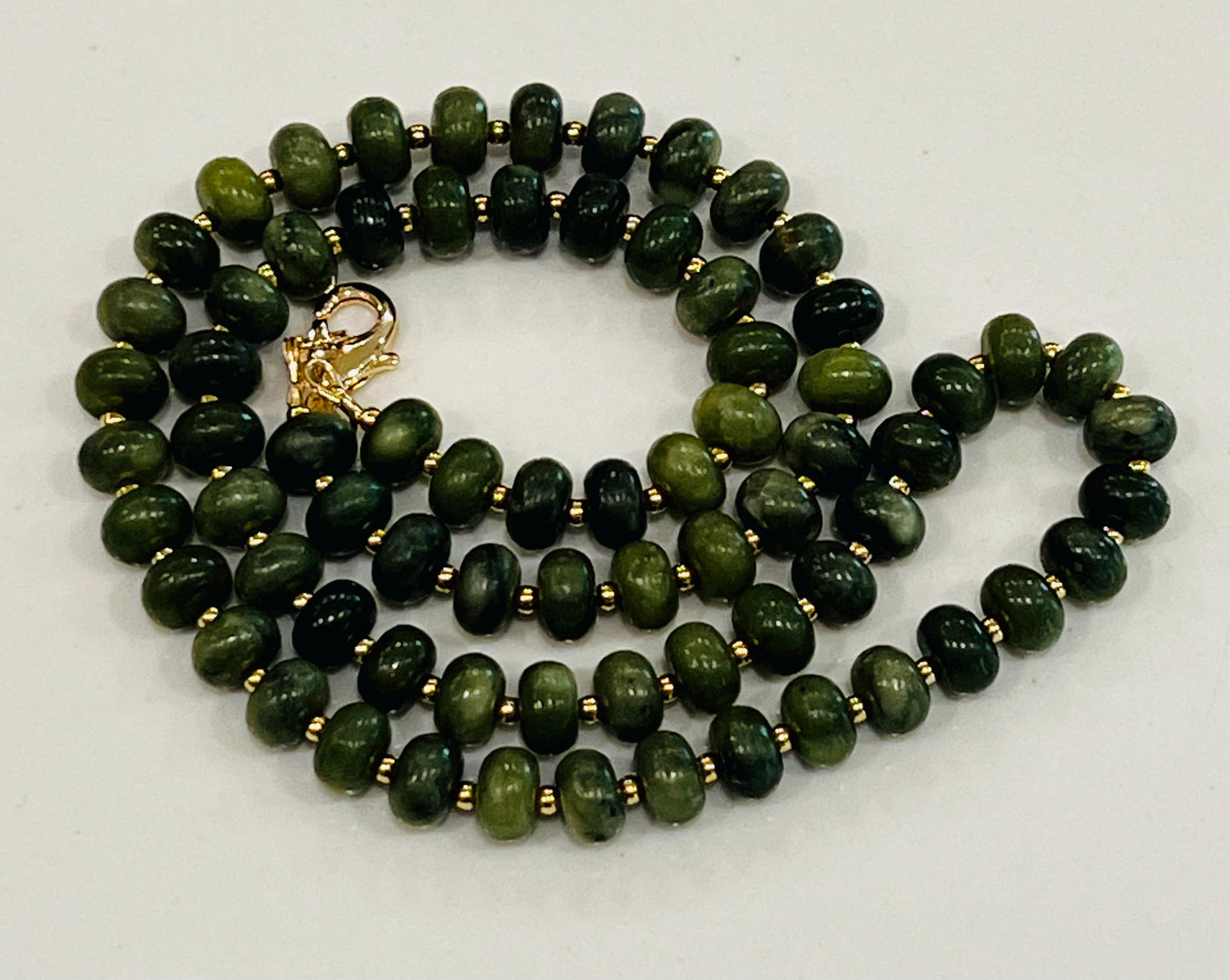 Green Jade Beaded Necklace with 18k Gold Filled Clasp and Accent Beads Natural Semi-Precious Gemstone Green Jade Rondelle Beaded Necklace