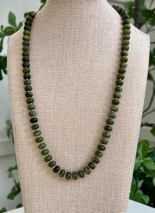Green Jade Beaded Necklace with 18k Gold Filled Clasp and Accent Beads Natural Semi-Precious Gemstone Green Jade Rondelle Beaded Necklace