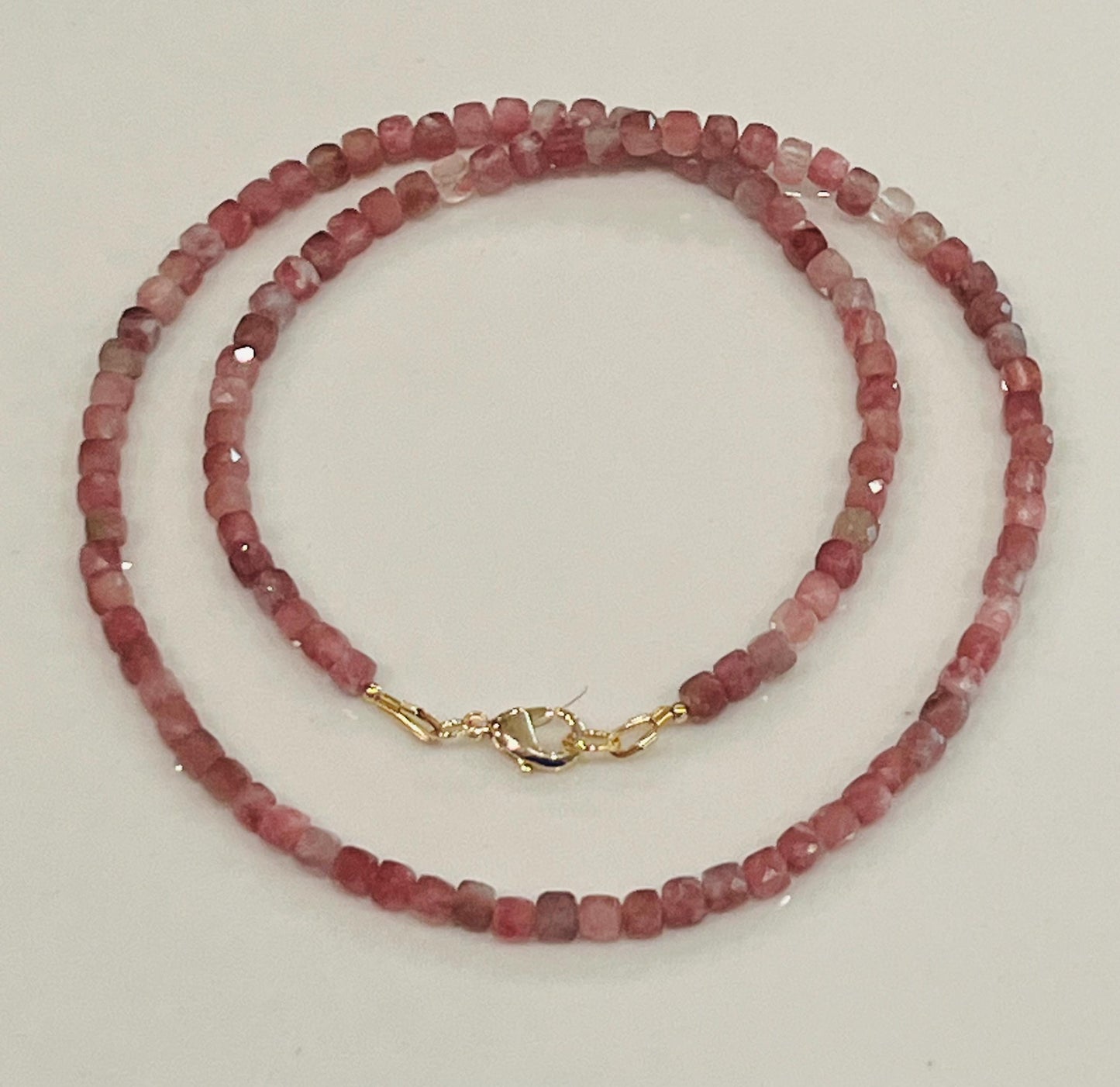 Pink Tourmaline Beaded Necklace 18k Gold Filled Clasp 4mm Cubed Tourmaline Beads Pink Beaded Necklace Natural Gemstone Beaded Necklace