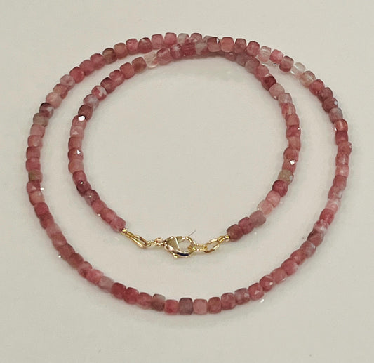 Pink Tourmaline Beaded Necklace 18k Gold Filled Clasp 4mm Cubed Tourmaline Beads Pink Beaded Necklace Natural Gemstone Beaded Necklace
