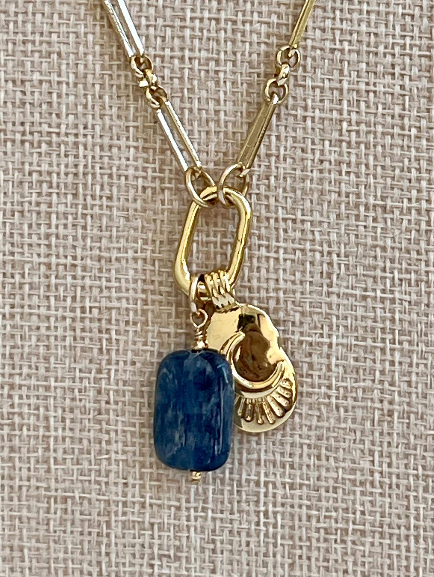 Gold Filled  Necklace with Gold Filled Spring Clasp Kyanite Pendant and Crescent Moon Pendant High Quality Layering Statement Versatile