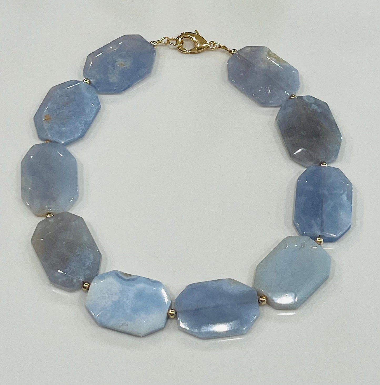 Blue Chalcedony Beaded Necklace 18k Gold Filled Clasp Faceted Octagon 25x35mm Natural Chalcedony Rectangle Faceted Statement Necklace