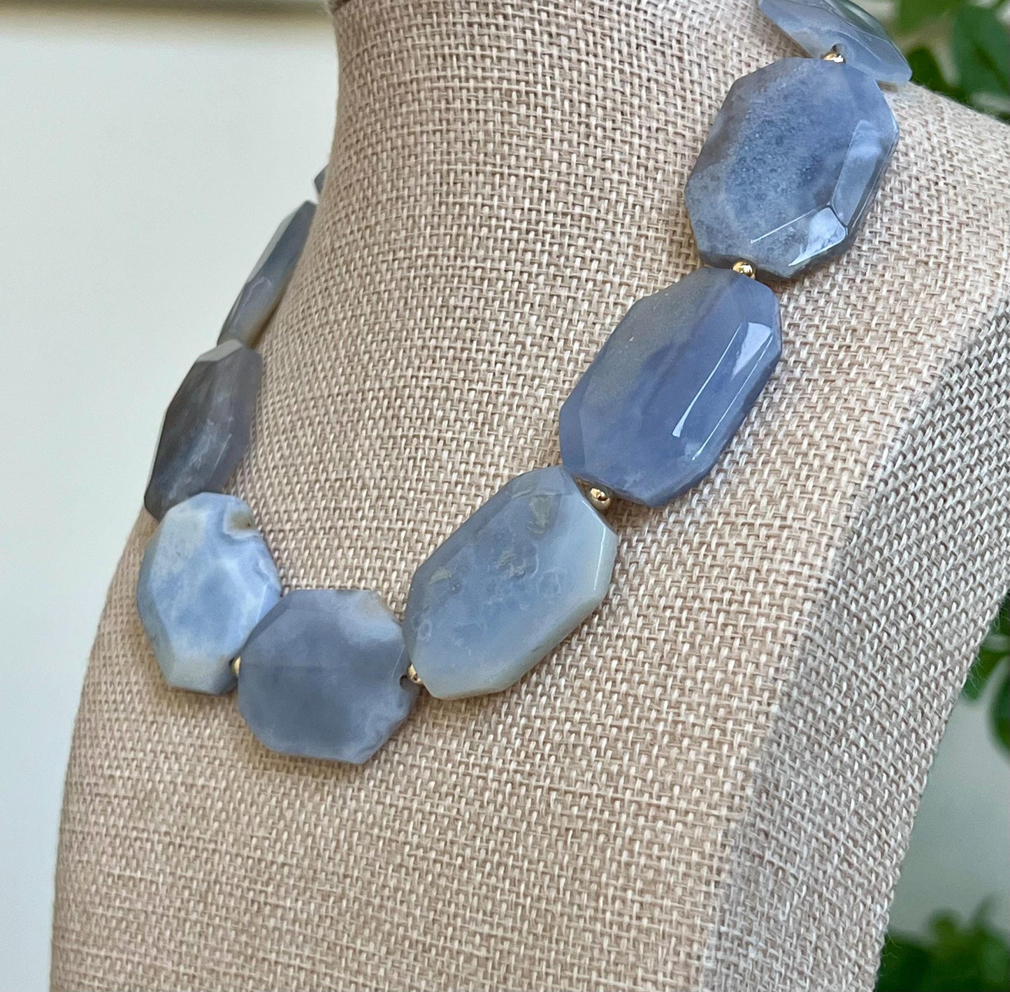 Blue Chalcedony Beaded Necklace 18k Gold Filled Clasp Faceted Octagon 25x35mm Natural Chalcedony Rectangle Faceted Statement Necklace