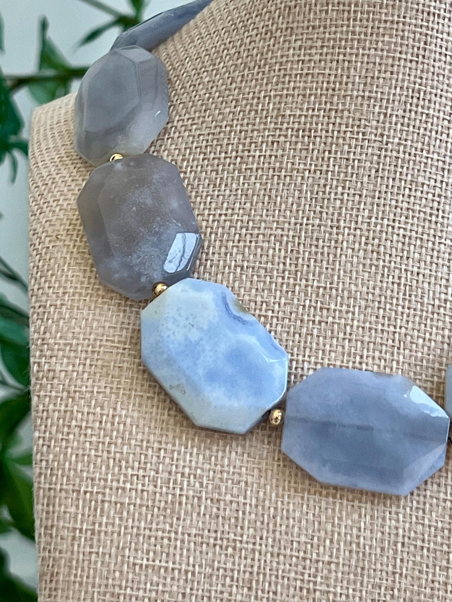 Blue Chalcedony Beaded Necklace 18k Gold Filled Clasp Faceted Octagon 25x35mm Natural Chalcedony Rectangle Faceted Statement Necklace