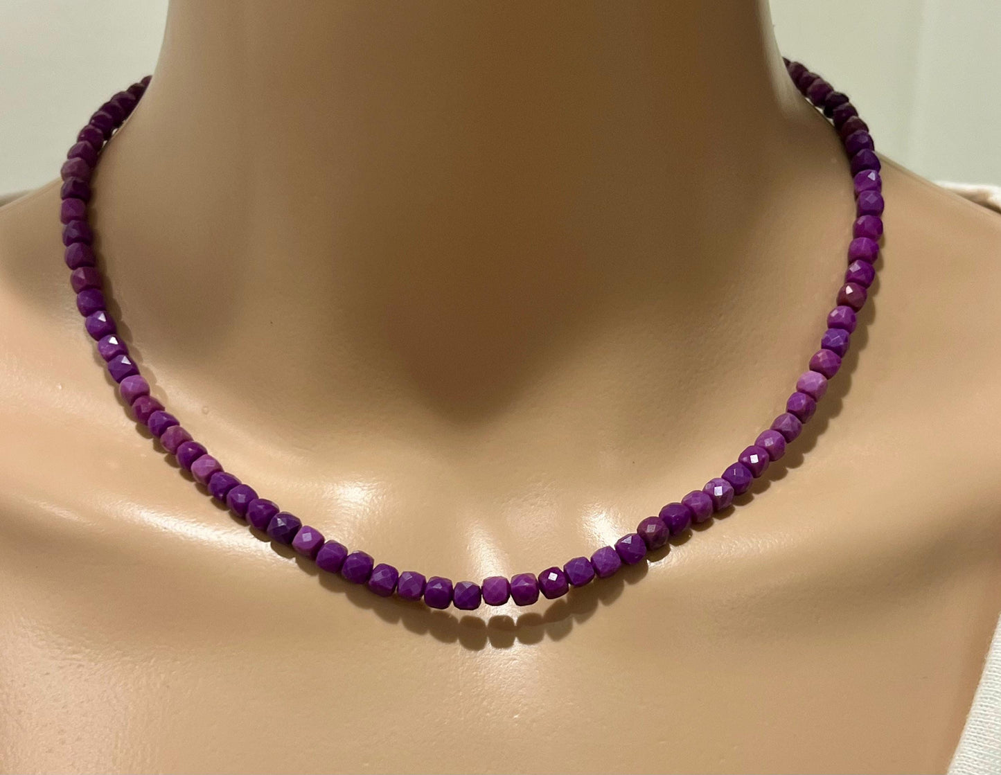 Phosphosiderite Beaded Necklace 18k Gold Filled Clasp 4mm Cubed Striking Purple Stones Phosphosiderite Jewelry Beaded Layering Necklace