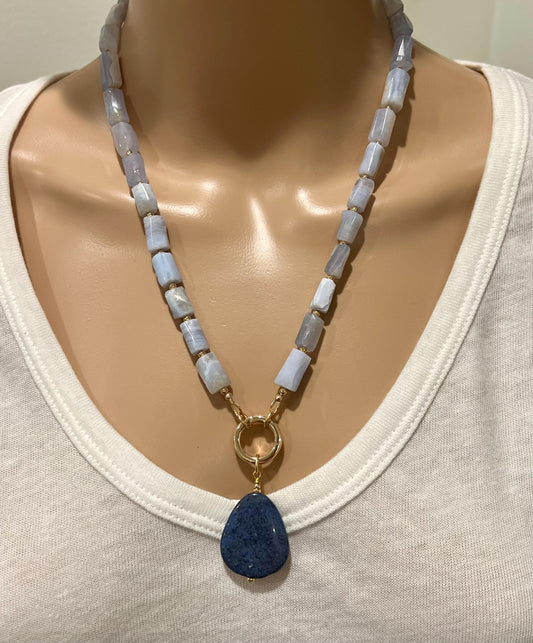 Blue Lace Agate Beaded Necklace 18k Gold Filled Spring Clasp/Accent Beads Dumortierite Pendant Light Blue Lace Tube Stones Versatile Clasp