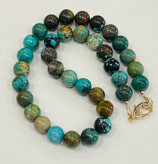 Natural Turquoise Beaded Necklace 18k Gold Filled Clasp/Beads Smooth Round 11mm Natural Turquoise Beads Gorgeous Colors