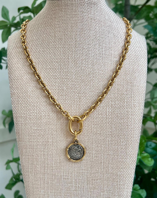 Gold Thick Cable Chain Necklace Roman Coin Drop