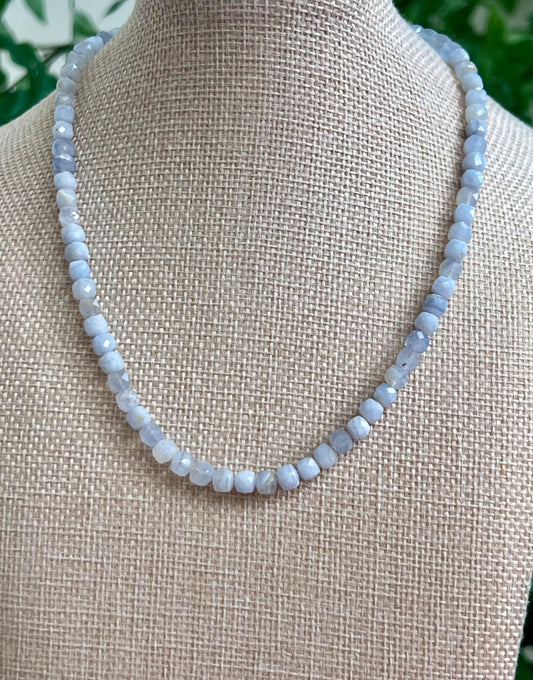 Blue Lace Agate Beaded Necklace 18k Gold Filled Clasp/Accent Beads 5mm Faceted Cubed Light Blue Stones Blue Beaded Layering Necklace