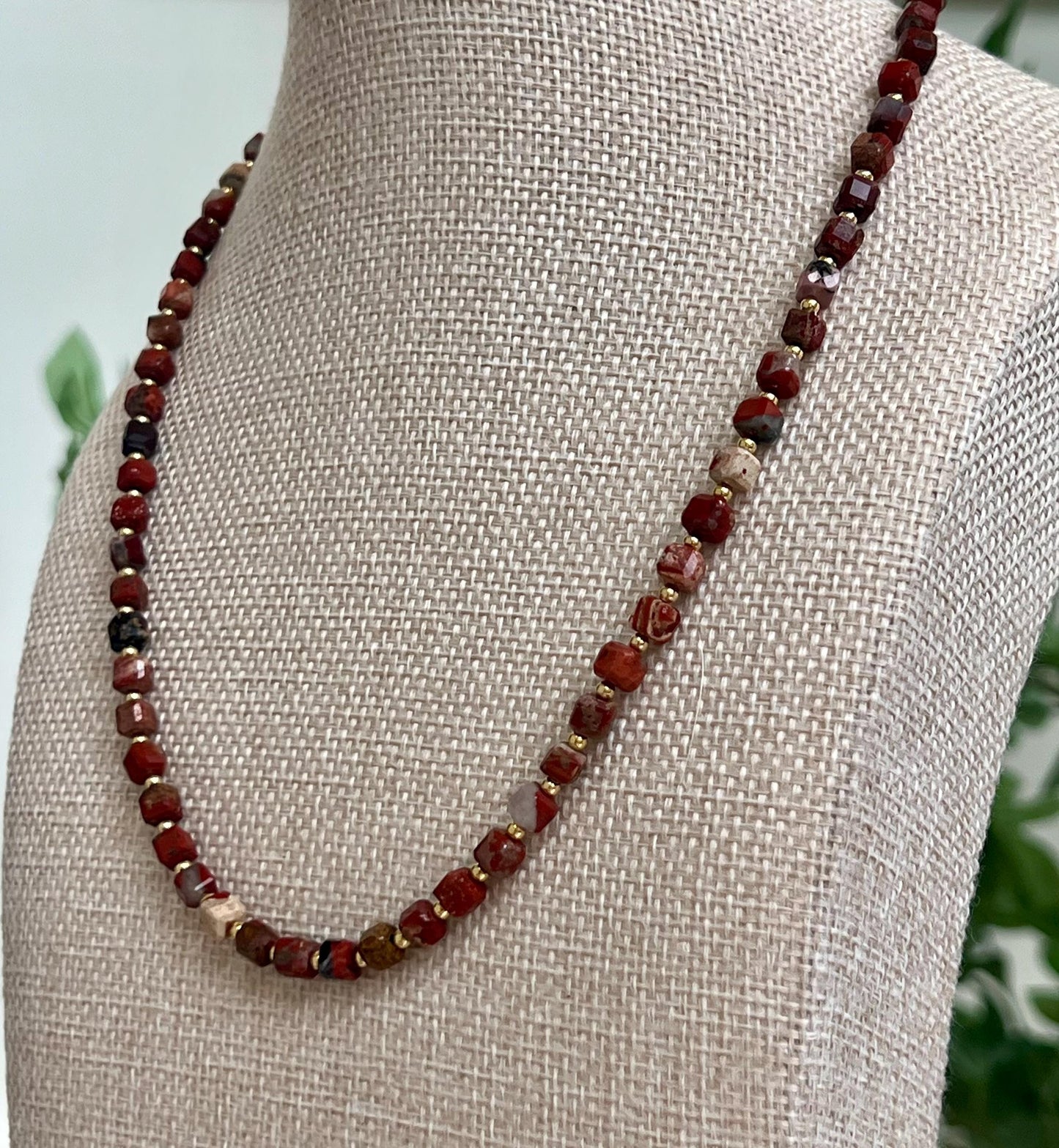 Red Jasper Beaded Necklace 18k Gold Filled Clasp 18k Gold Filled Beads Natural Semi-Precious Gemstones Necklace Red Gold Layering Necklace