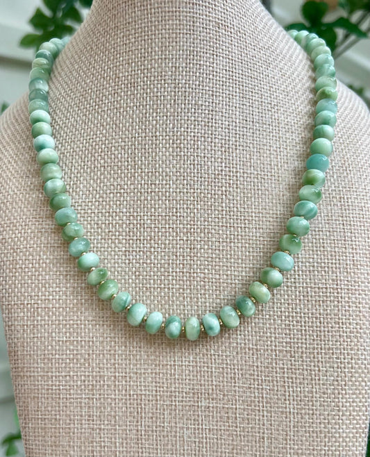 Green Moonstone Beaded Necklace  5x8mm Smooth Rondelle  Moonstone with 18k Gold Filled Clasp/Accent Beads Sparkling Stones