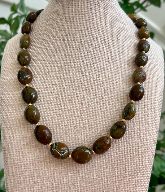 Brown Turquoise Beaded Necklace 18k Gold Filled Clasp/Beads Natural Gemstone Layering Beaded Necklace Turquoise Chunky Statement Necklace