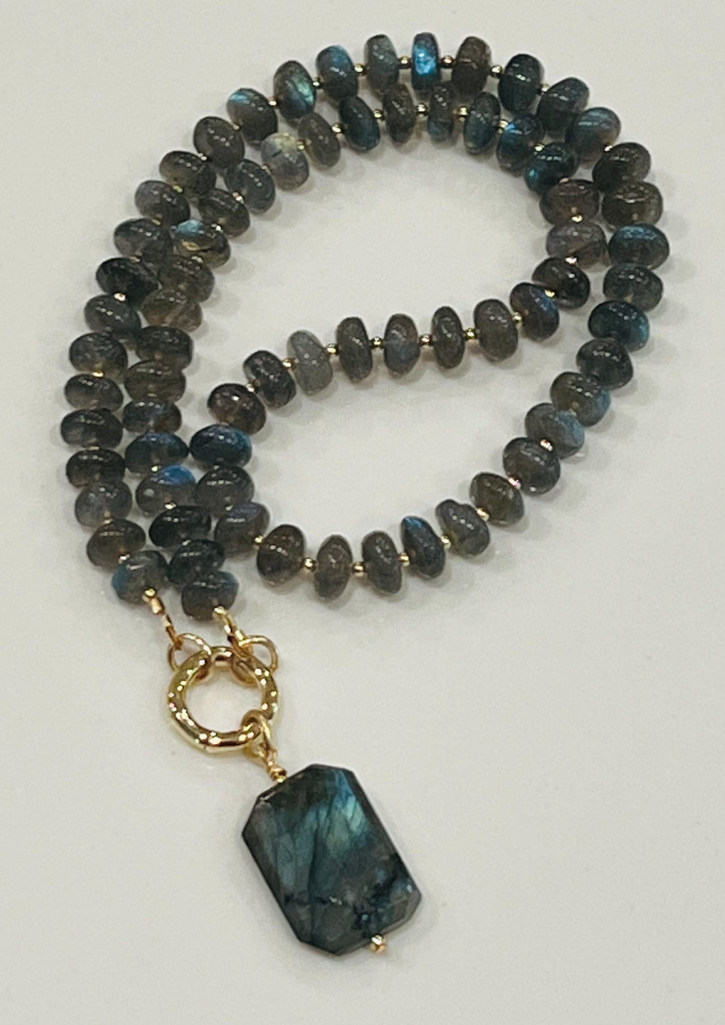 Labradorite Beaded Necklace Gold Filled Spring Clasp/Beads Semi-Precious Natural Gemstone Necklace Labradorite Large Pendant 8mm Rondelle