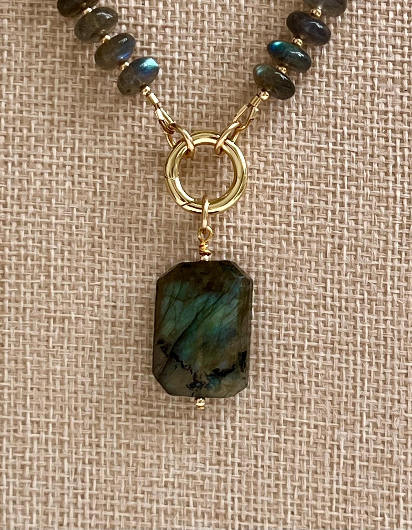 Labradorite Beaded Necklace Gold Filled Spring Clasp/Beads Semi-Precious Natural Gemstone Necklace Labradorite Large Pendant 8mm Rondelle