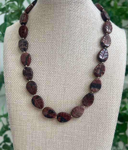 Brecciated Jasper Beaded Necklace with 18k Gold Filled Clasp and Accent Beads Natural Semi-Precious Gemstone Carved Beaded Necklace