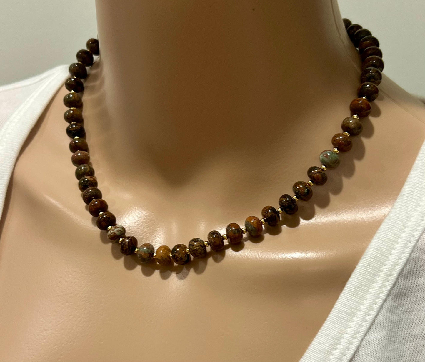 Pietersite Beaded Necklace 18k Gold Filled Clasp/Accent Beads Semi-Precious Gemstone Necklace Pietersite  Beads Earthtones Smooth Rondelle