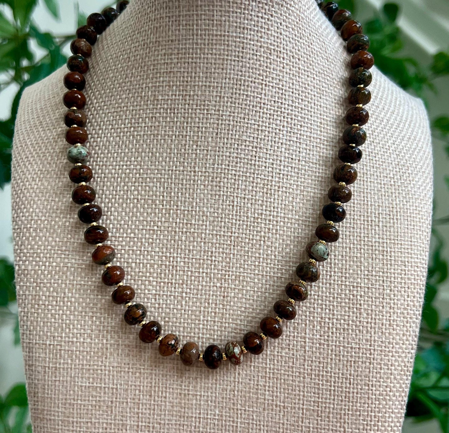 Pietersite Beaded Necklace 18k Gold Filled Clasp/Accent Beads Semi-Precious Gemstone Necklace Pietersite  Beads Earthtones Smooth Rondelle