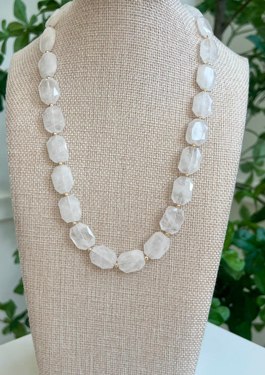 Clear Quartz Beaded Necklace 18k Gold Filled Clasp Green Beaded Layering Semi-Precious Stones 17x12mm Faceted Rectanglar Stones