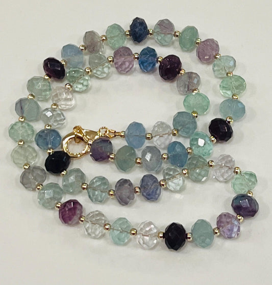 Fluorite Beaded Necklace with 18k Gold Filled Clasp Faceted Rondelle 10x8mm Fluorite Stones Natural Semi-Precious Gemstone Necklace