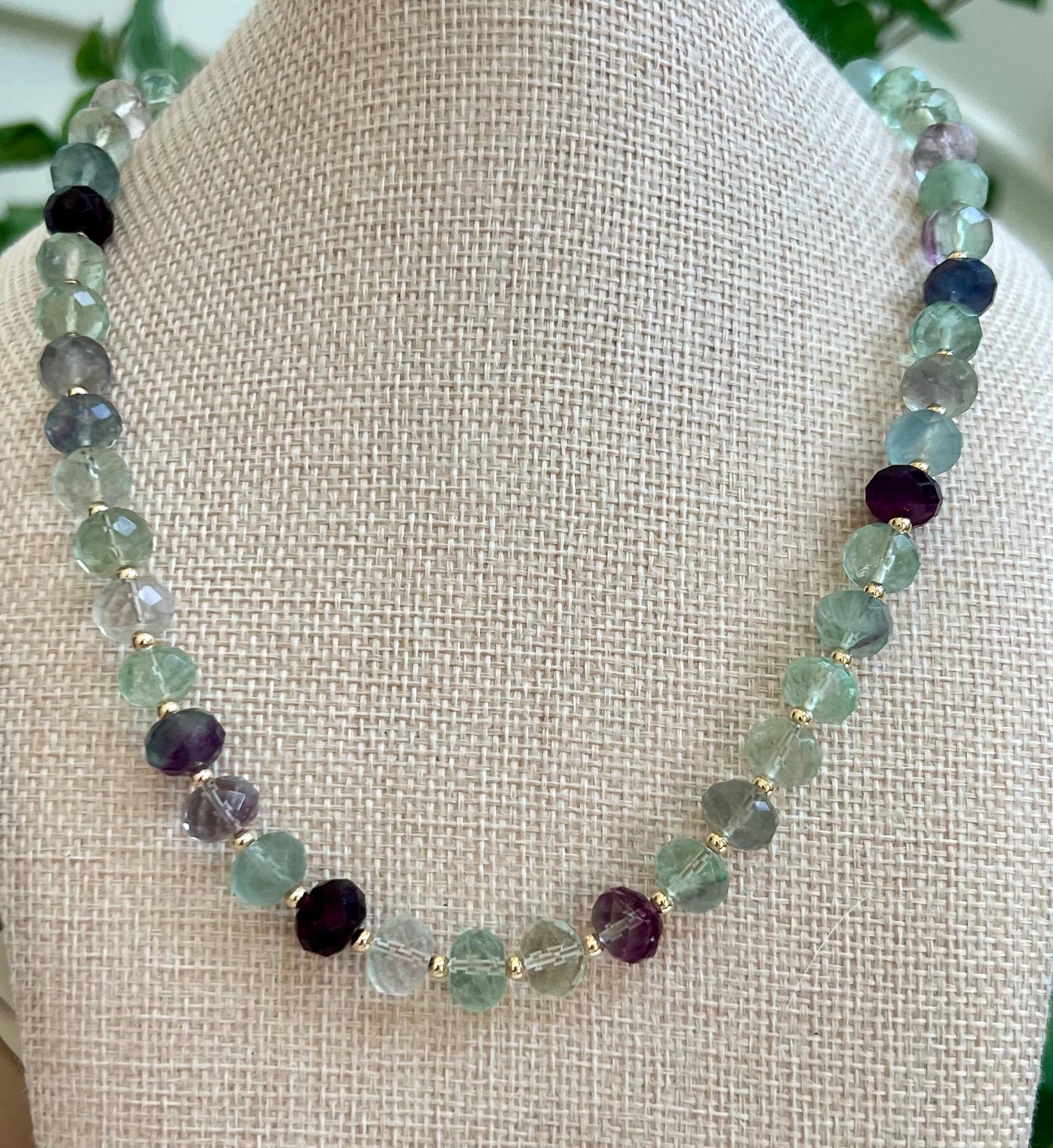 Fluorite Beaded Necklace with 18k Gold Filled Clasp Faceted Rondelle 10x8mm Fluorite Stones Natural Semi-Precious Gemstone Necklace