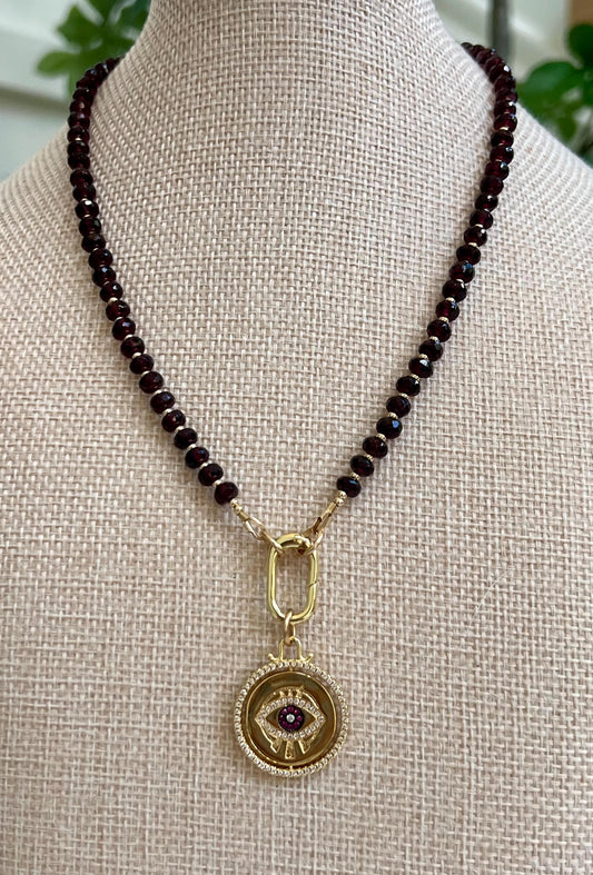 Sparkling Garnet Beaded Necklace 18k Gold Filled Spring Clasp Evil Eye Pendant 5.5mm Faceted Rondelle Garnet Natural Gemstone Necklace