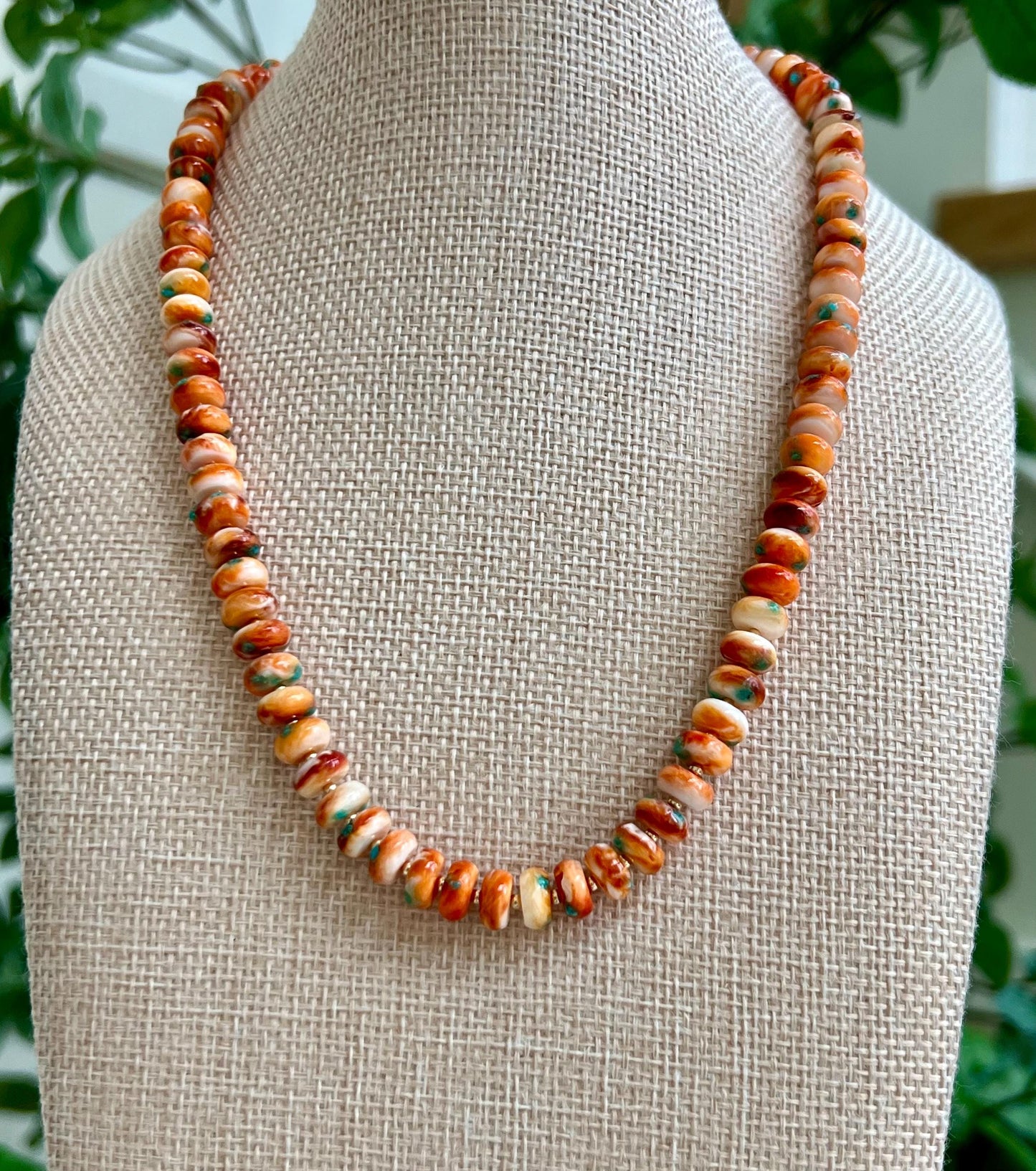Spiny Oyster Beaded Necklace 18k Gold Filled Clasp Rondelle 8x3mm Natural Spiny Oyster Beads Gorgeous Orange Green/Blue Statement Necklace