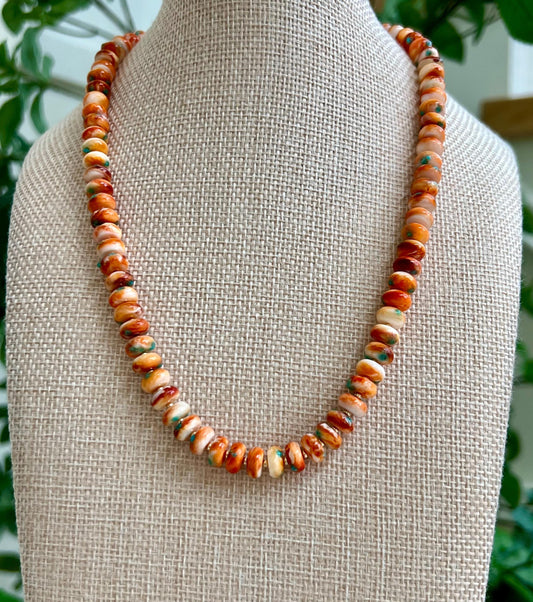 Spiny Oyster Beaded Necklace 18k Gold Filled Clasp Rondelle 8x3mm Natural Spiny Oyster Beads Gorgeous Orange Green/Blue Statement Necklace