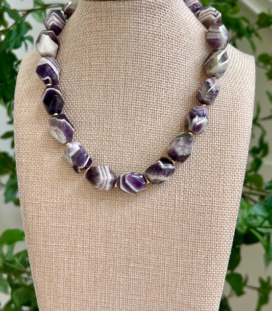 Chevron Amethyst Beaded Necklace with 18K Gold Filled Clasp/Accent Beads Natural Semi-Precious Gemstone Necklace Purple Beaded Necklace