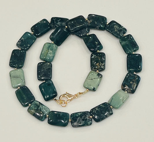 Seaweed Jasper Beaded Necklace 18k Gold Filled Clasp/Beads Natural Semi-Precious Gemstone Necklace Rectangular Smooth Green Jasper Stones