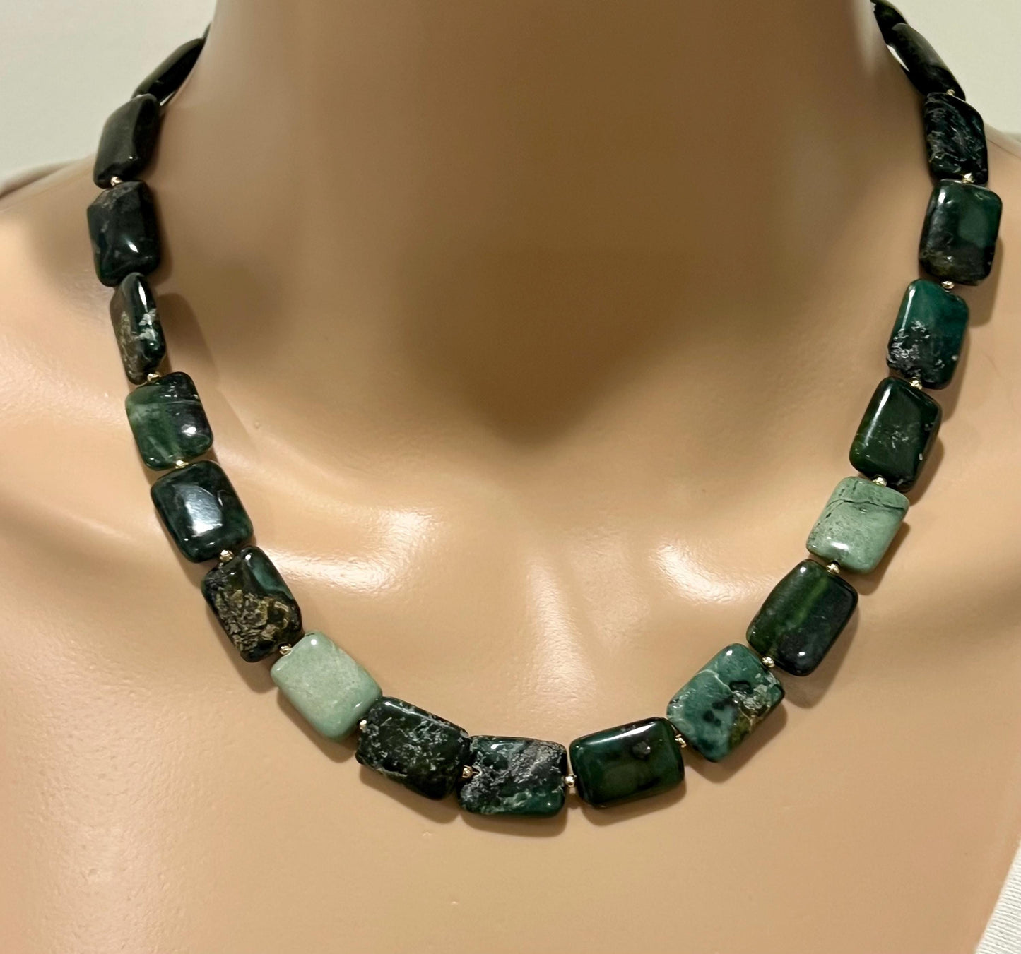 Seaweed Jasper Beaded Necklace 18k Gold Filled Clasp/Beads Natural Semi-Precious Gemstone Necklace Rectangular Smooth Green Jasper Stones