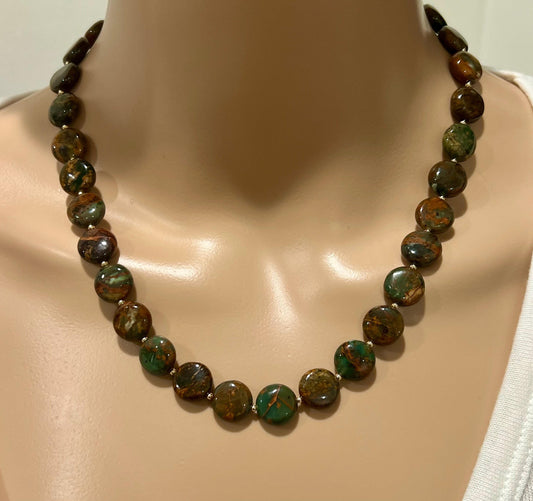 Green Chrysocolla Beaded Necklace with 18k Gold Filled Clasp and Accent Beads Natural Semi-Precious Gemstone 12mm Oval Stone Beaded Necklace