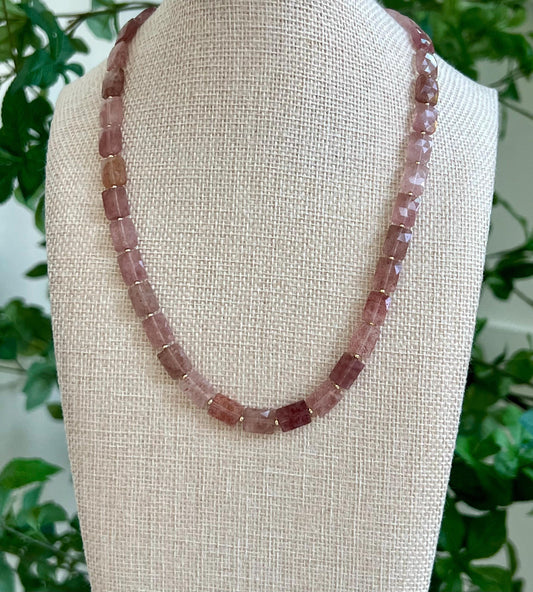 Strawberry Quartz Beaded Necklace 18k Gold Filled Clasp Pink Beaded Layering Semi-Precious Stones Sparkling 8x10mm Rectangular Quartz Stones