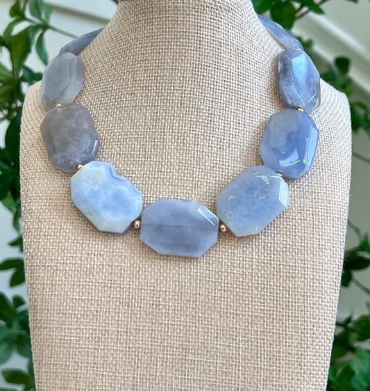 Blue Chalcedony Beaded Necklace 18k Gold Filled Clasp Faceted Octagon 25x35mm Natural Chalcedony Rectangle Faceted Statement Necklace
