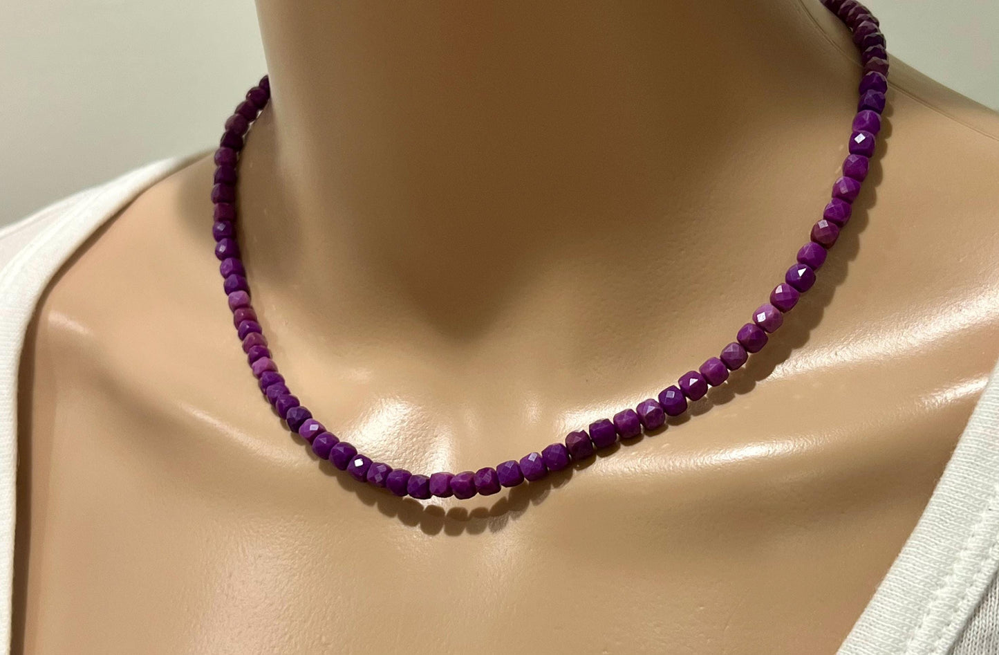 Phosphosiderite Beaded Necklace 18k Gold Filled Clasp 4mm Cubed Striking Purple Stones Phosphosiderite Jewelry Beaded Layering Necklace