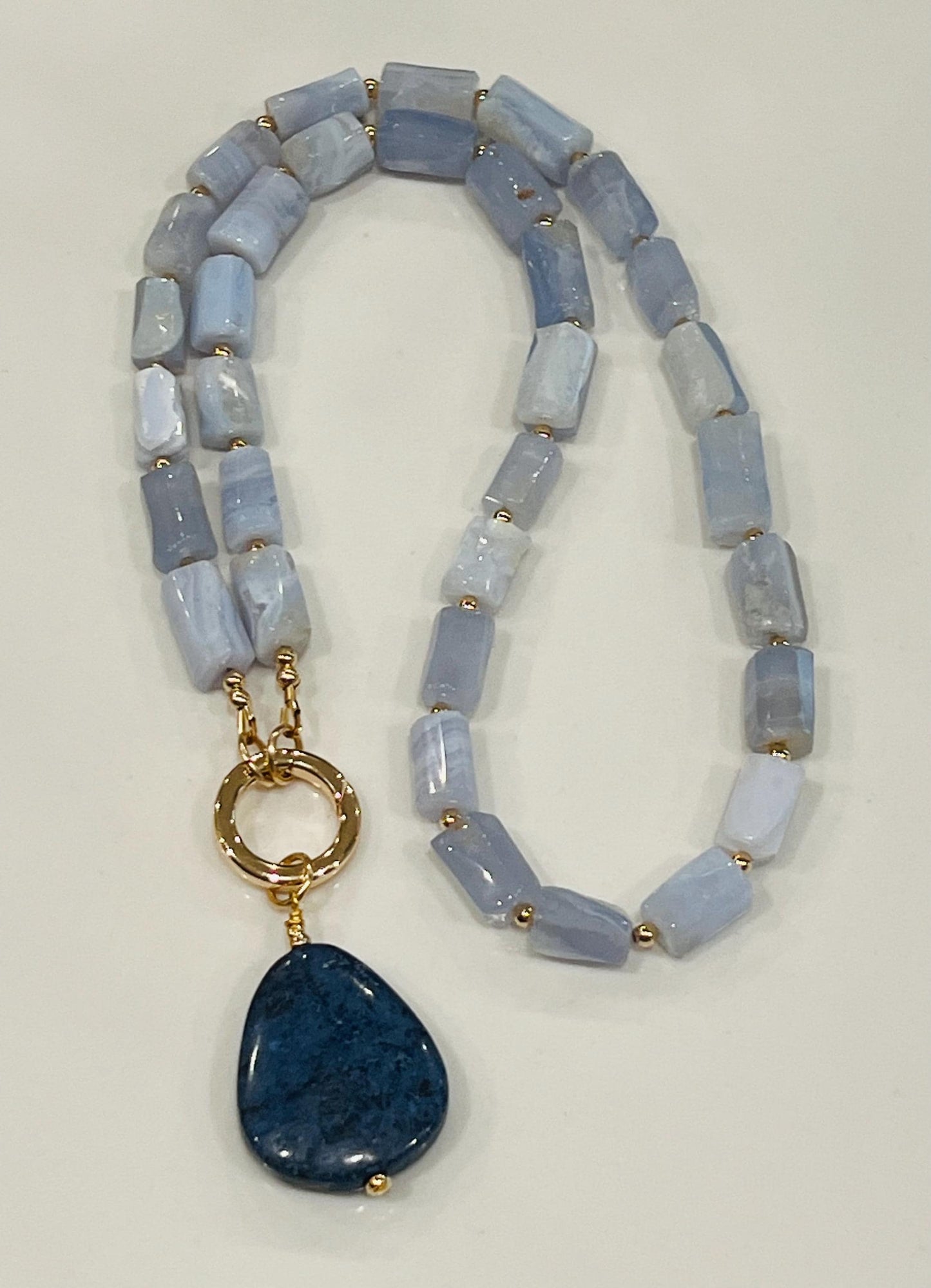 Blue Lace Agate Beaded Necklace 18k Gold Filled Spring Clasp/Accent Beads Dumortierite Pendant Light Blue Lace Tube Stones Versatile Clasp