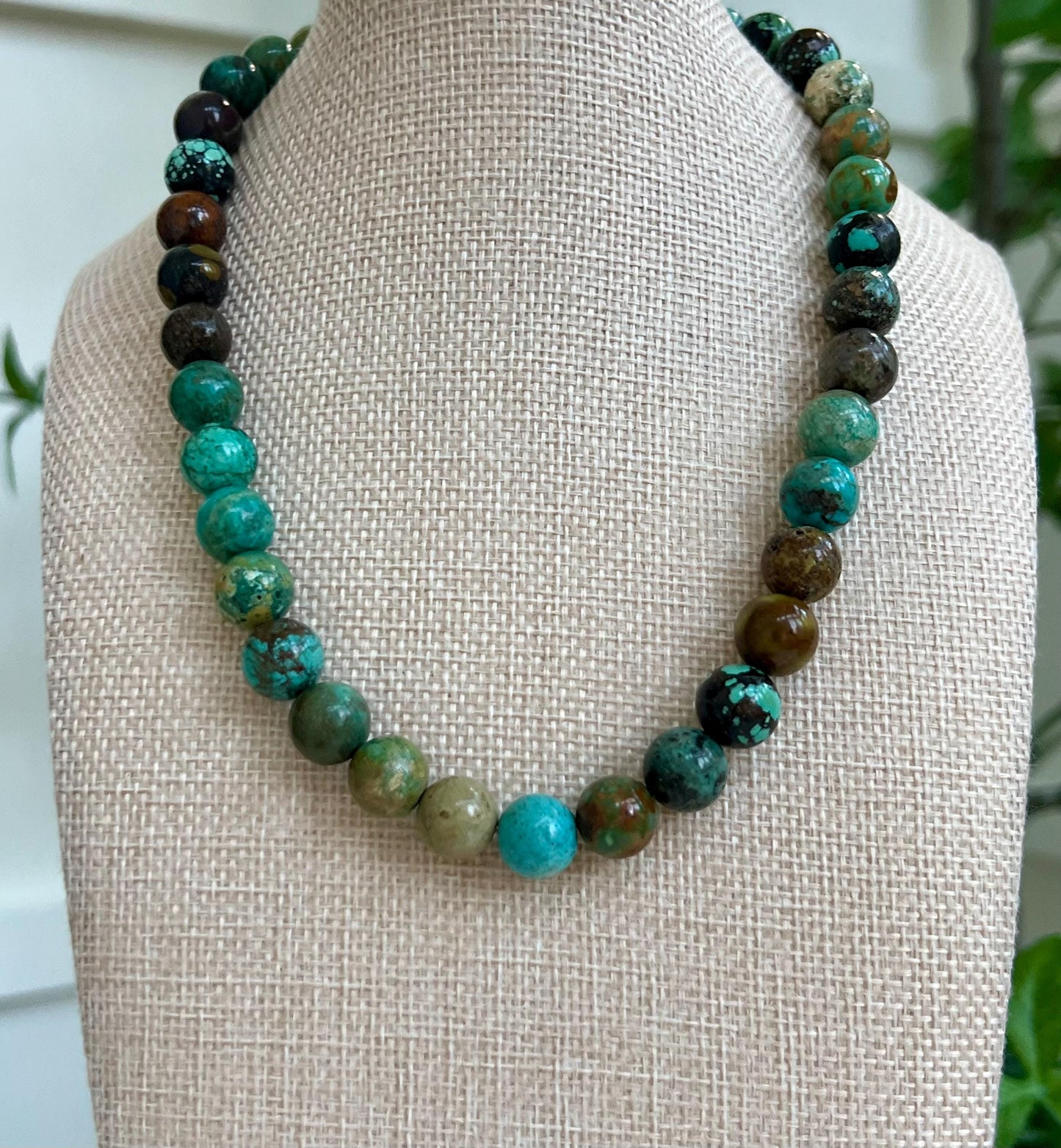 Natural Turquoise Beaded Necklace 18k Gold Filled Clasp/Beads Smooth Round 11mm Natural Turquoise Beads Gorgeous Colors