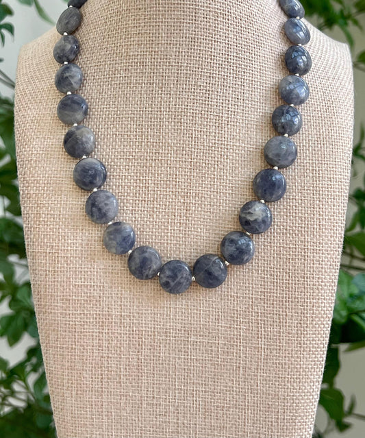 Iolite Beaded Necklace Sterling Silver Infinity Clasp Gorgeous Coin Iolite Stones Natural Iolite and Silver Layering Statement Necklace