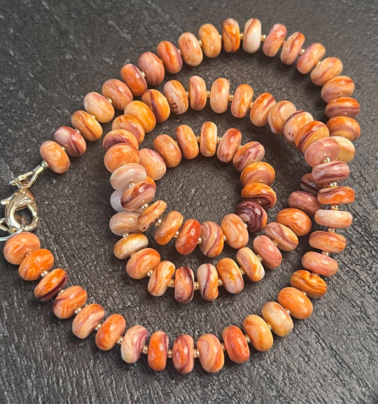 Spiny Oyster Beaded Necklace 18k Gold Filled Clasp Rondelle 8mm Natural Spiny Oyster Beads Gorgeous Purple Orange Statement Necklace