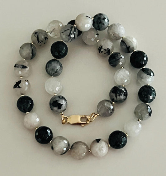 Black Tourmalinated Quartz Beaded Necklace