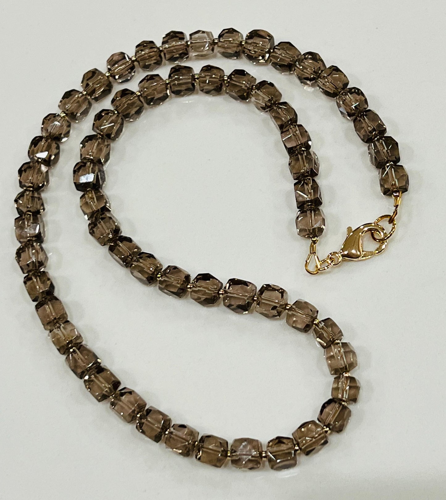 Smoky Quartz Beaded Necklace: 18k Gold Filled Clasp/Beads, 6mm Faceted Corner Cut Gemstone